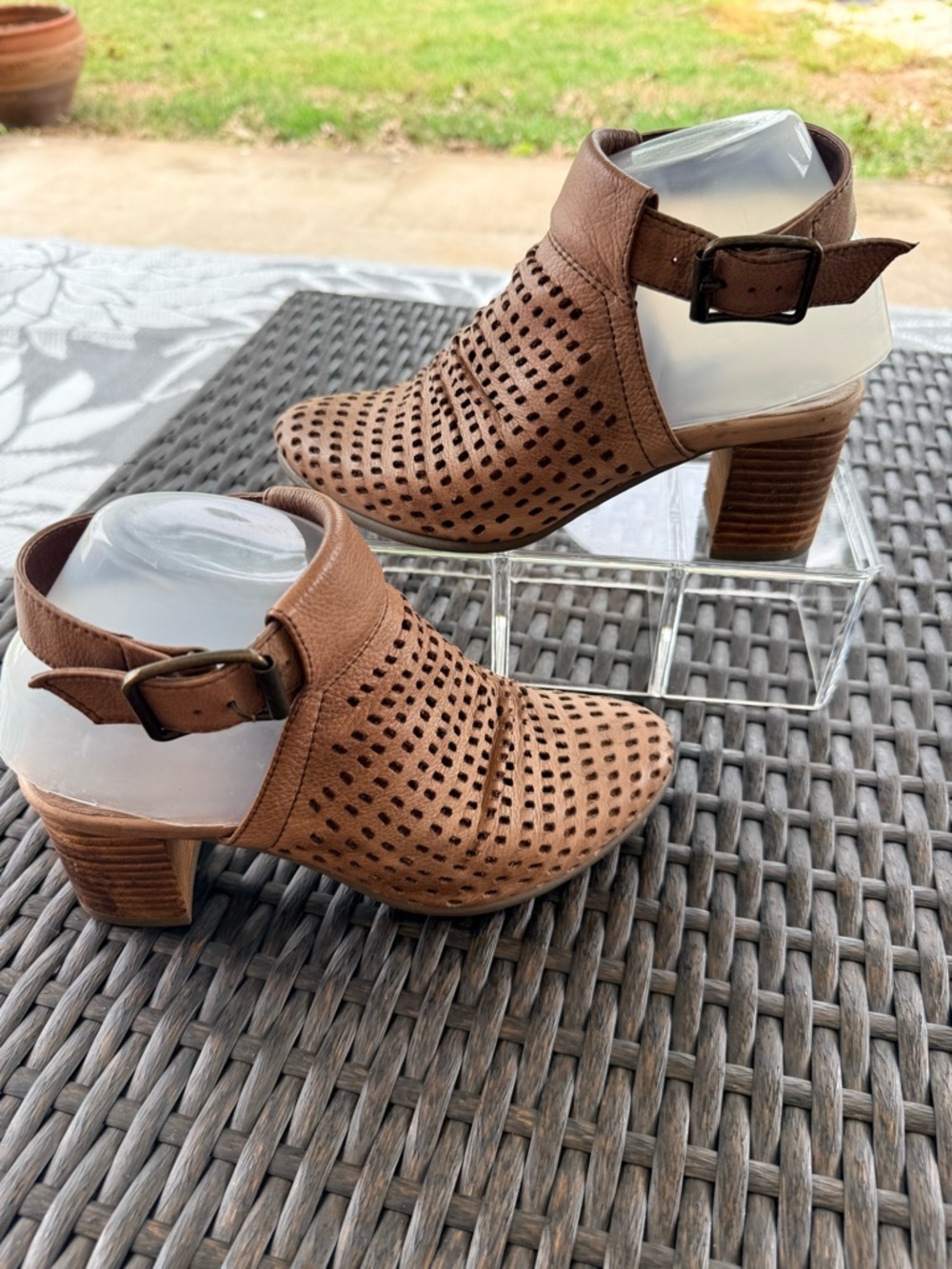Chocolat Blu HAZEL Leather Laser Tan Perforated Sandal Mule Ankle Bootie